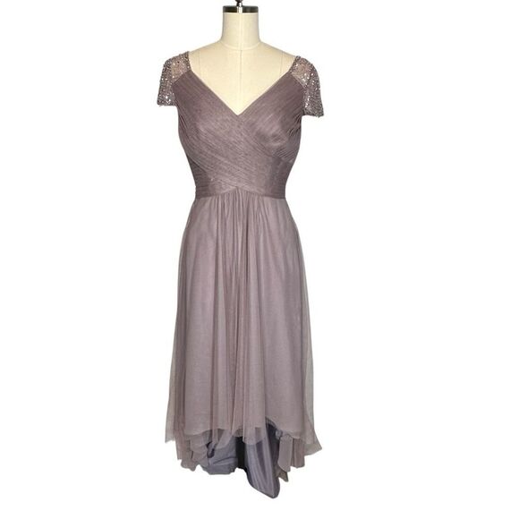 JJ’s House Taupe Lavender Tulle Beaded Hi-Low Gown | Size 10 - Picture 1 of 8